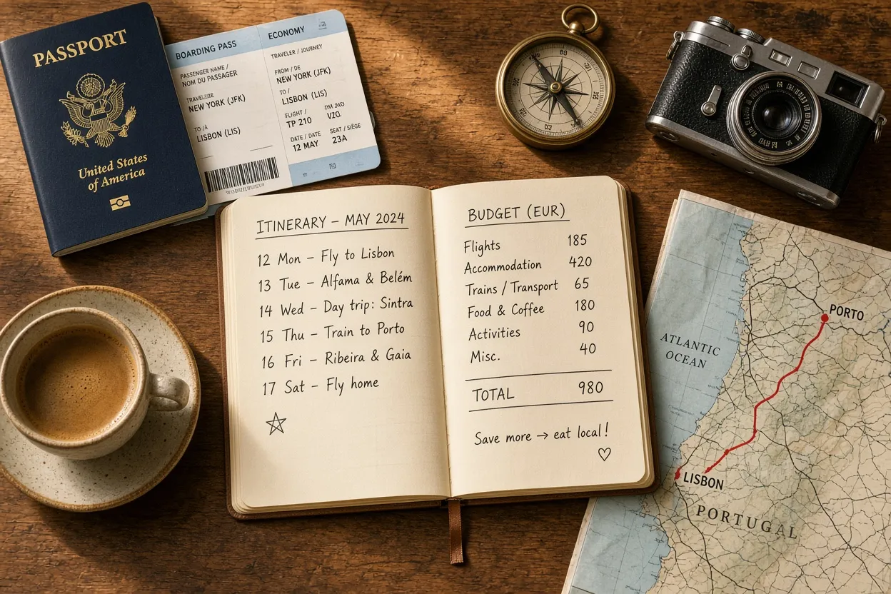 Travel planning flat-lay with notebook, passport, compass, camera and map on a wooden desk